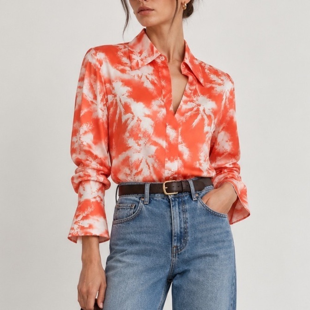 Equipment Femme Orange White Tropical Palm Tree Print Viscose Blouse Small